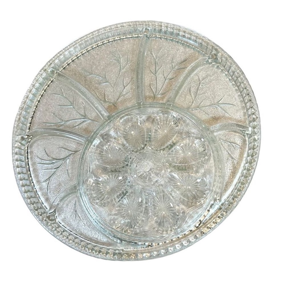 Indiana Glass Deviled Egg and Relish Tray in “pebble leaf” Pattern